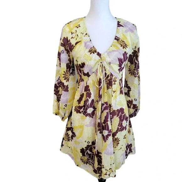Anthropologie V Neck Babydoll Mini Dress Floral Long Sleeve Boho Beach XXS - Picture 2 of 10